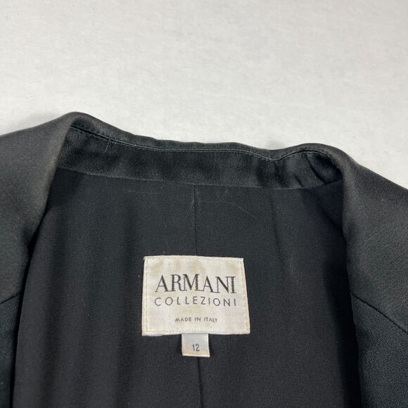 Armani Collezioni Black Satin Trim Classic Blazer 12 Ruched 3/4 Sleeve Jacket - Picture 2 of 13